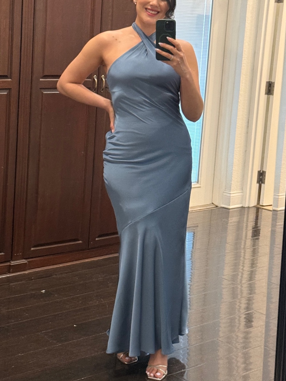 David's Bridal Steel Blue Halter bridesmaids dress